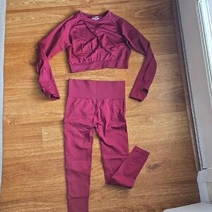 Burgundy Long Sleeve Crop Top and Leggings Set